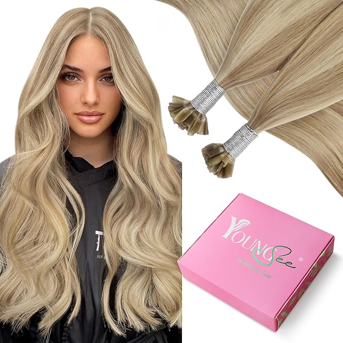 YoungSee U Tip Hair Extensions Human Hair Highlight Golden Blonde and Medium Blonde Ktips Hair Extensions Real Hair 18 Inch U Tips Human Hair Extension Straight K Tip Extension Add Volume 1G/S 50G