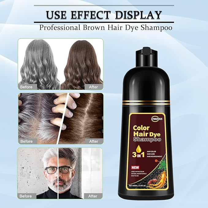Herbal Dark Brown Hair Coloring Shampoo for Women and Men - 3 in 1 for Gray Coverage, 100% Gray to Brown Hair Color, 500ml