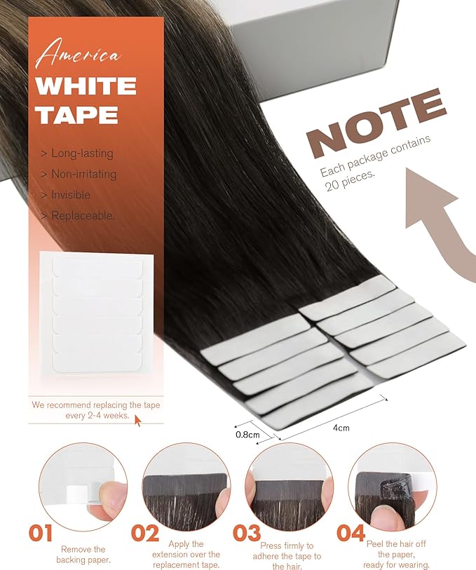 Sunny Hair Tape in Hair Extensions Real Human Hair Invisible Remy Hair Extensions Tape ins for Women Natural Black Ombre Dark Brown Balayage Ash Blonde 12 inch 20Pcs