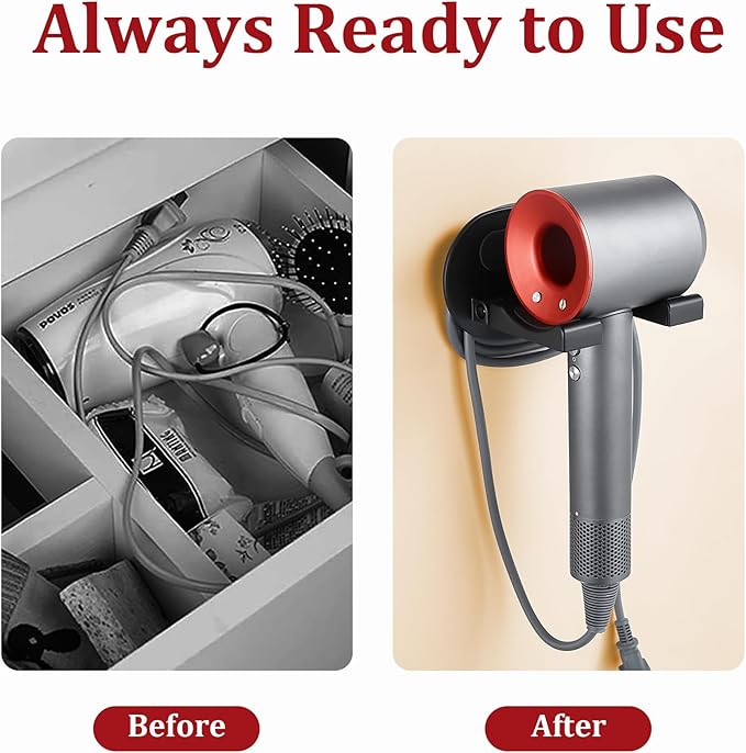Hair Dryer Holder Wall Mounted,New Upgrade90’ Foldable design Improve space ytilization，Space Organizer for Bathroom Bedroom Washroom (Black, Aluminum Alloy)