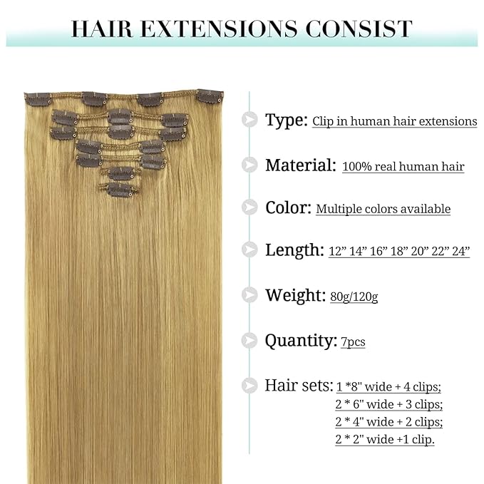 DOORES Clip in Hair Extensions Real Human Hair, Dirty Blonde 14 Inch 7pcs 100g, Remy Clip ins Extensions Thick Silky Straight Weft