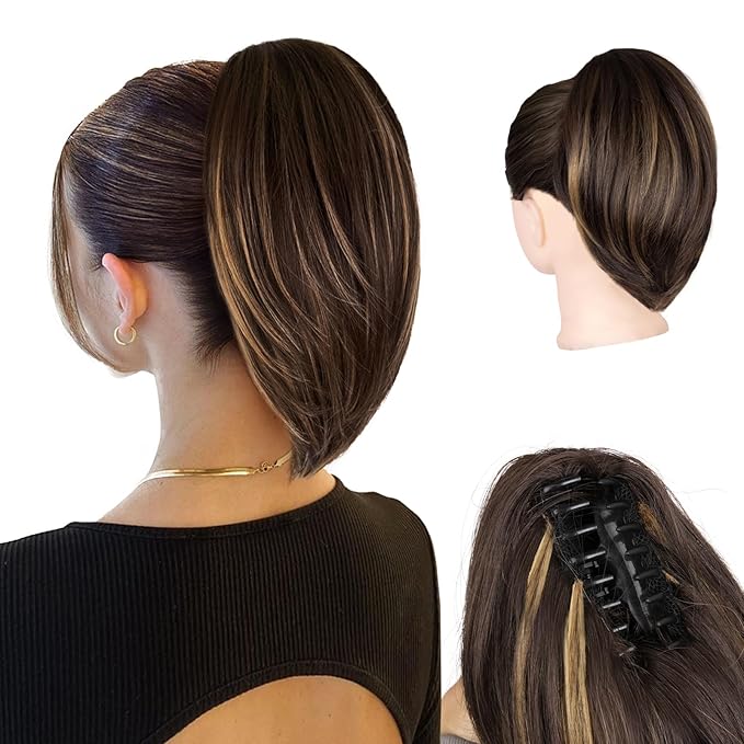 10 Inch Ponytail Extension - Straight Pony Tails Hair Extensions, Claw Clip Ponytail Extension, Synthetic Hair Extensions Ponytail, Clip in Ponytail (Color: Brown with Blonde Highlights)