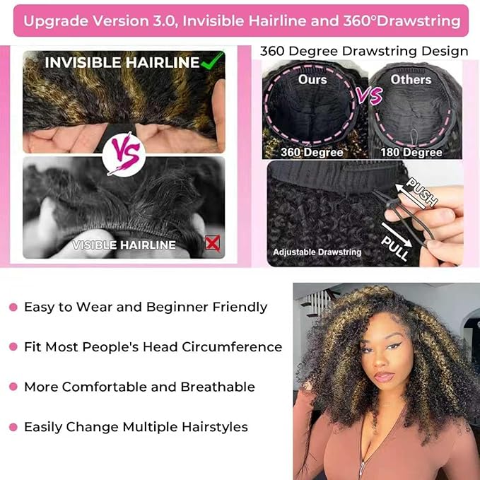 Half Wig Human Hair 250% Density Ombre Kinky Curly Wear Go Glueless Wigs Human Hair Balayage Highlight 3 In 1 Half Wig With Adjustable String Flip Over Beginner Friendly Invisible Hairline