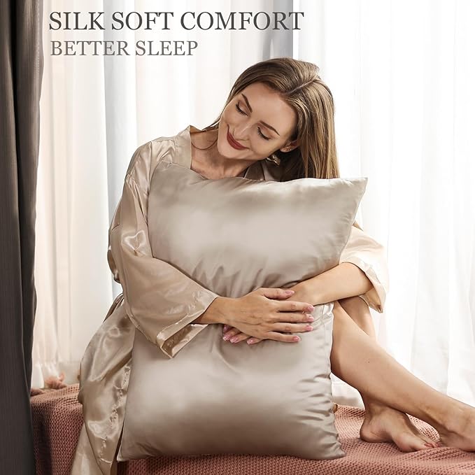 Adubor Silk Pillowcase for Hair and Skin with Hidden Zipper, Both Sides 23 Momme Silk Pillow Case, Queen Size 20×30 inches, Taupe, 2PCS