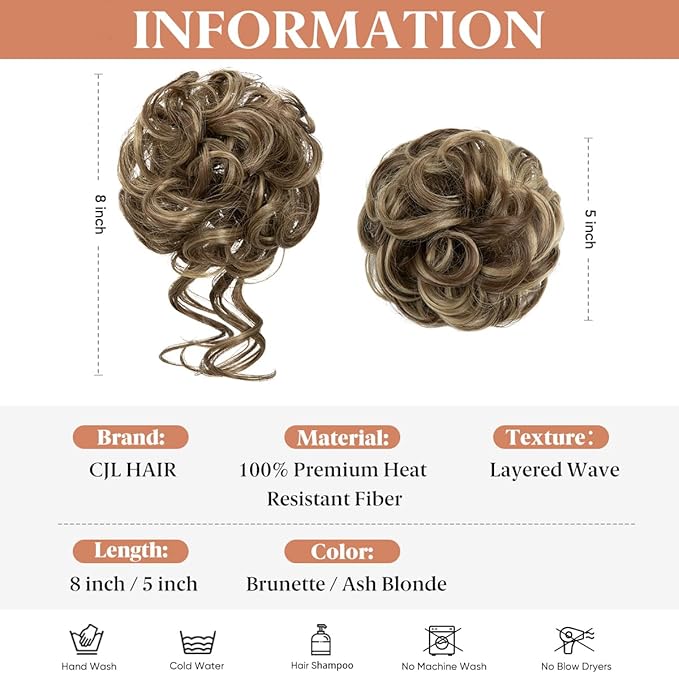 CJL HAIR 2PCS Messy Bun Hair Pieces Wavy Curly Synthetic Updo Chignon Fake Scrunchies Ponytail Extension for Women Brunette/Ash Blonde