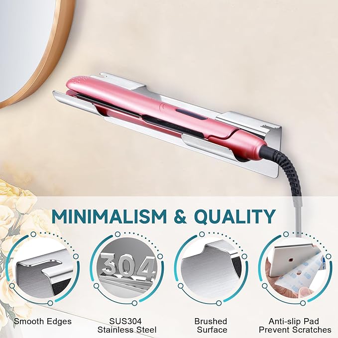 Curling Iron Holder Wall Mounted Hair Dryer Holder Straighteners Holder Hair Tool Organizer for Curling Wands Accessories Stainless Steels Adhesive Flat Iron Holder for Bathroom Barber Shops Vanity