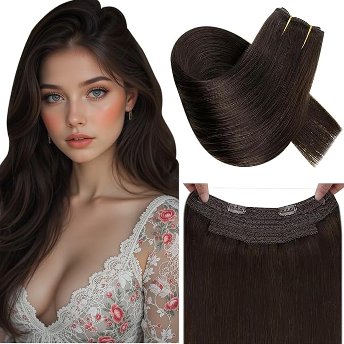 RUNATURE Invisible Wire Hair Extensions Real Human Hair 18 Inch, Wire Hair Extensions Brown One Piece 80g，Soft Silky Hair for Daily Wearing #2 Dark Brown