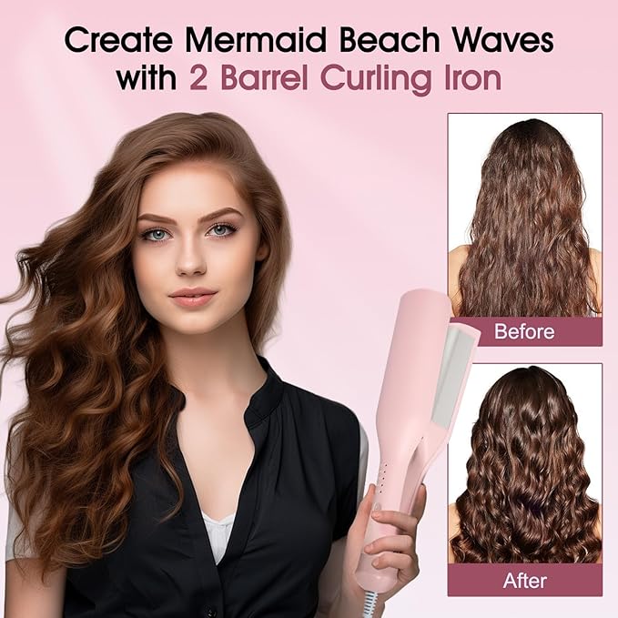 Beach Wave Curling Iron Deep Waver Hair Tool, Mermaid Hair Waver for Women Crimper, Anti-Scald, Dual Voltage, 1.4 Inch Ceramic Double Barrel Wavy Curling Iron, Pink