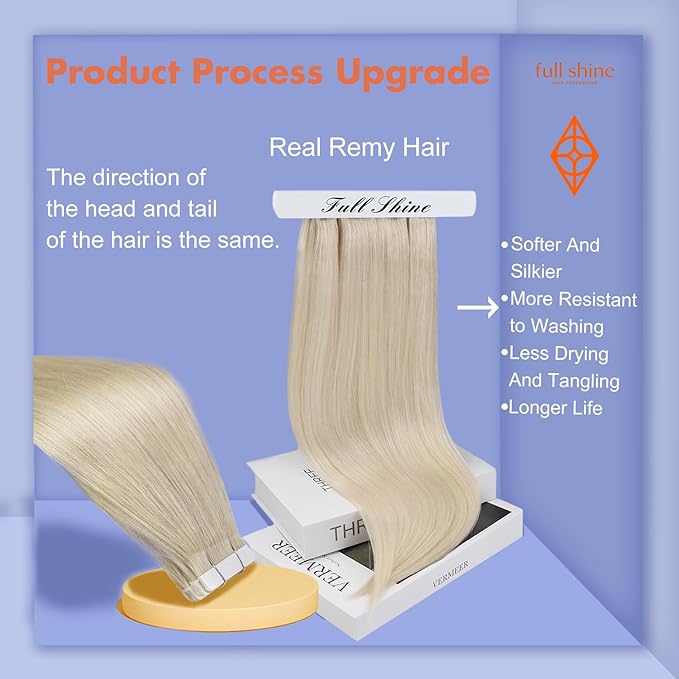 Full Shine Blonde Hair Extensions Color 60 Blonde Tape in Hair Extensions 20Inch Invisible Skin Weft Double Sided Straight Extension for Women Daily Office Look 100G 40Pcs Add Length