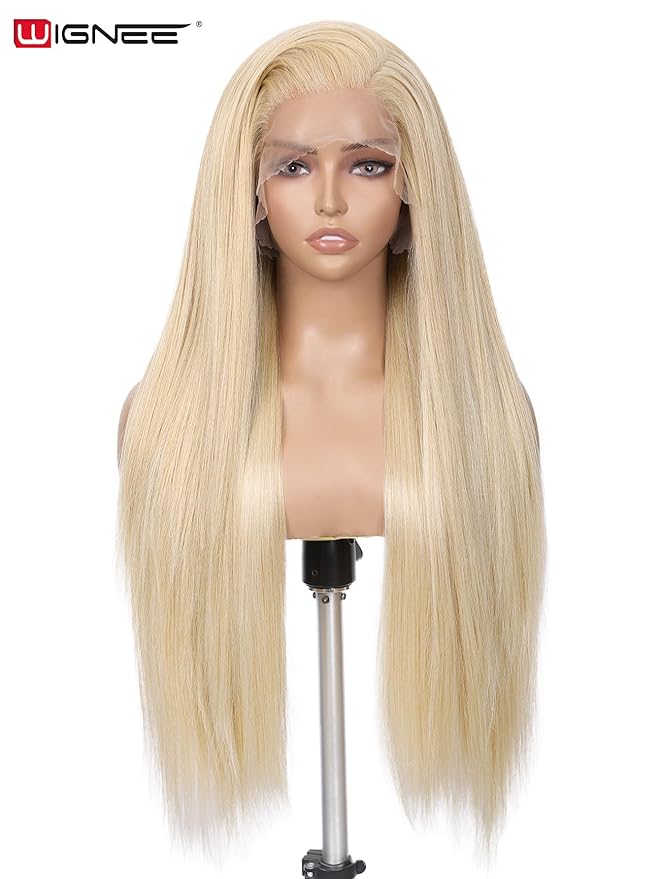 WIGNEE 13x6 Synthetic Lace Front Wig 28" Blonde Wig Pre-Plucked Handmade Lace Front Wigs with Kanekalon Futura Hair Voluminous Long Straight Synthetic Wigs for Daily Party Use