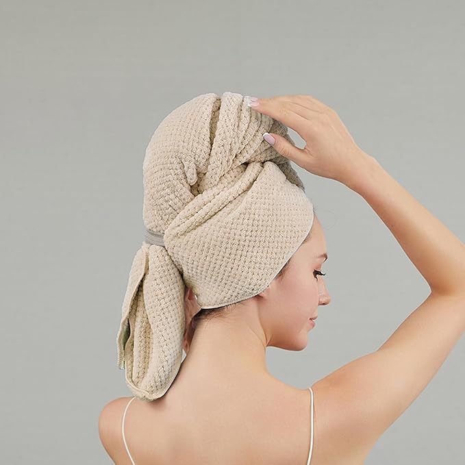 Women Microfiber Hair Towel Wrap with Elastic Strap,Super Absorbent Anti Frizz Drying Turban for Curly, Long,Wet Hair- Beige