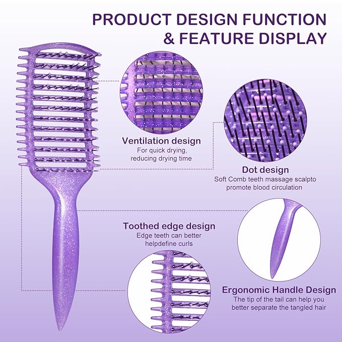 Curly Hair Brush & Curl Defining Brush – Easily Detangles Knots with Less Pulling – Styles Wet or Dry Hair, Tames Frizz for All Curl Types (Crystal Purple)
