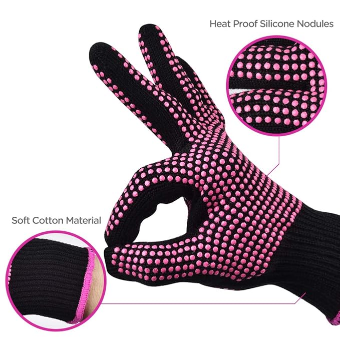 Sopito 2Pcs Heat Resistant Gloves with Silicone Bumps, Professional Heat Protection Gloves for Hair Styling, Mitts for Curling Iron Wand Flat Iron Sublimation, Rose Red