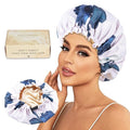 Large Shower Caps for Women Reusable Waterproof Satin Lined Shower Cap with Adjustable Band Double Layer Design Luxury Washable Bath Hair Bonnet (Blue Flower)