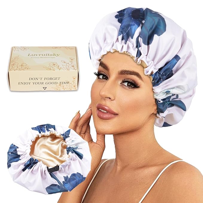 Large Shower Caps for Women Reusable Waterproof Satin Lined Shower Cap with Adjustable Band Double Layer Design Luxury Washable Bath Hair Bonnet (Blue Flower)