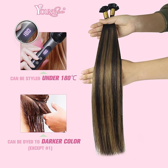 YoungSee K Tip Hair Extensions Human Hair Brown Balayage Hair Extensions K Tip Dark Brown Ombre 16In 50s/50G