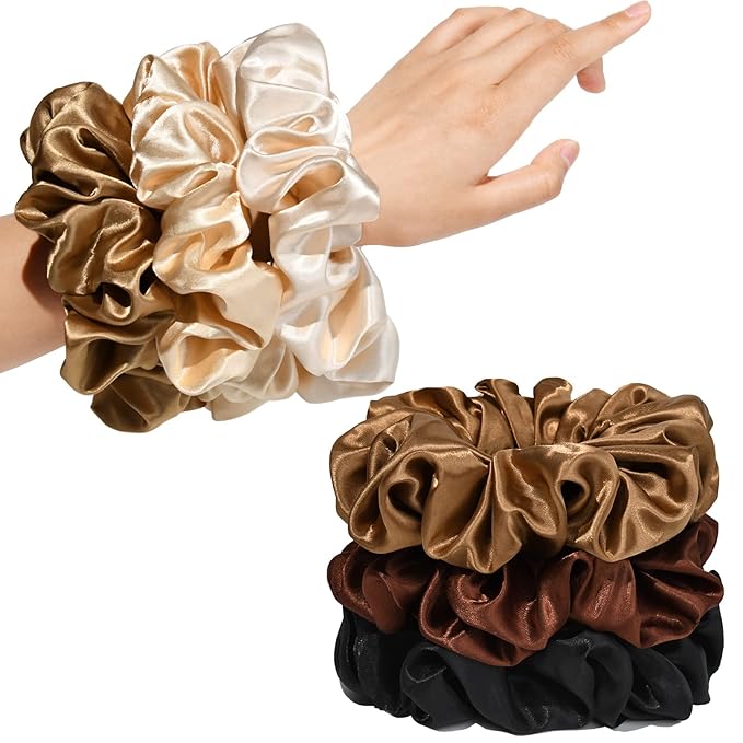 CEELGON Large Silk Satin Scrunchies for Women Big Scrunchies Jumbo Satin Hair Ties Oversized Hair Scrunchies for Thick Curly Hair Pack of 6 (Black,Champagne,Brown,Gold)