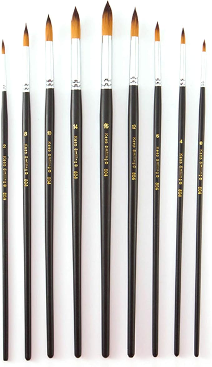 9 Pcs Pointed Round Long Handle Artist Paint Brush Set, Quality Synthetic Hair and Wooden Handle for Acrylic Watercolor Oil Painting, Great for Beginners and Professionals