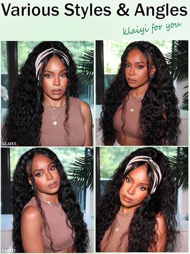 KLAIYI Water Wave 3 In 1 Flip Over 3/4 Half Wig Human Hair Curly Flip Over Seamless Blend Edges Glueless Wear and Go Drawstring Headband Clip In Wigs for Women Ready to Go Wig Beginner Friendly 26Inch