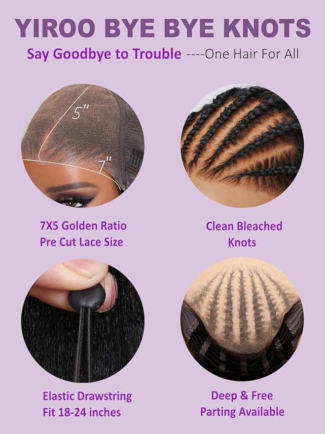 YIROO Bye Bye Knots Glueless Water Wave and Jerry Curly Drawstring Wig Human Hair, 7x5 Pre Cut Lace Front Glueless Wigs Pre Bleached Pre Plucked Wear and Go Wig for Women 150% Density 22Inch