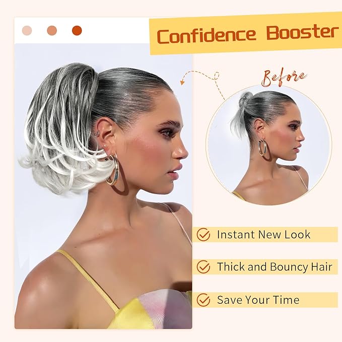 KooKaStyle Ponytail Extension, 10" Short Claw Clip in Pony Tails Hair Extensions Curly Wavy Synthetic Drawstring Hairpieces for Women(Grey Black with White ends)