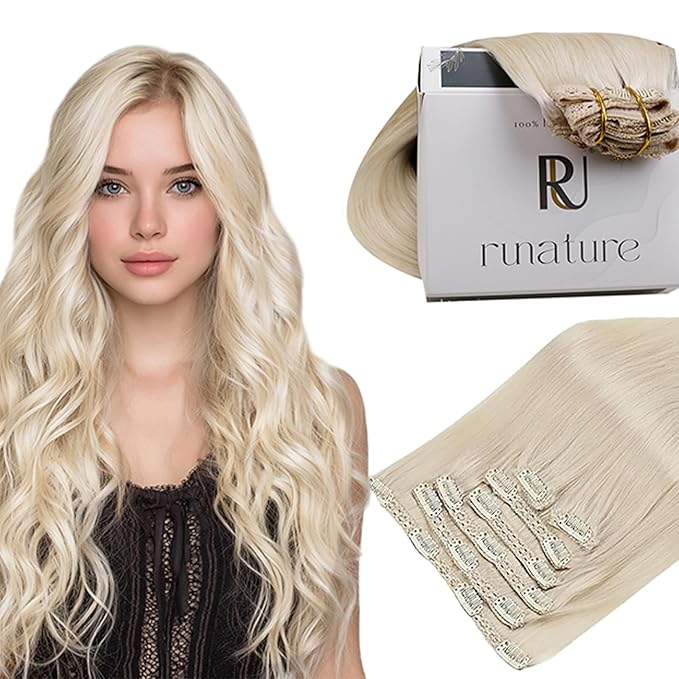 RUNATURE Clip in Hair Extensions Real Human Hair, Real Hair Extensions Clip in Human Hair for Women, Blonde Remy Natural Hair, 16 Inch 120g 7pcs, #800 Platinum Blonde