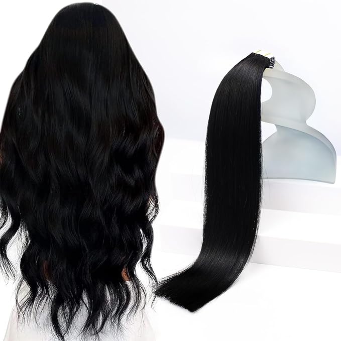 Sunny Hair Tape in Hair Extensions Human Hair 18inch Hair Extensions Real Human Hair Tape in Extensions for Women Jet Black Invisible Remy Hair Natural Straight Skin Weft Double Sided Tapes 20Pcs 50g