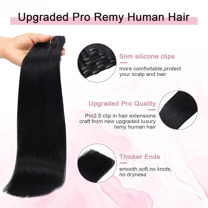 Pro2.0 Clip in Hair Extensions Real Human Hair 20inch 7pcs Color #1 Jet Black Remy Real Human Hair Extensions Clip ins 120g Thick Seamless Double Weft for Women（#1-20inch）