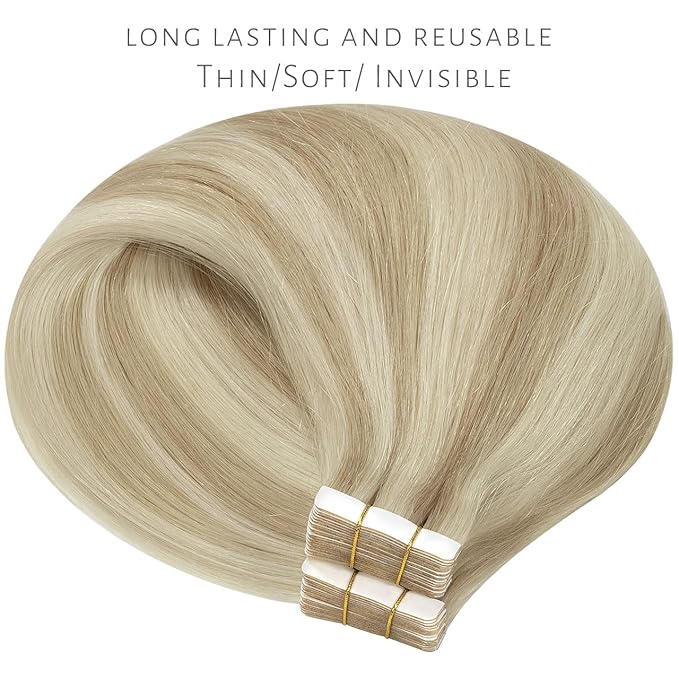 Lacer Hair Extensions Tape in Natural Highlight Skin Weft Real Virgin Hair Highlight Ash Blonde Mixed Light Blonde Color Double Side Remy Tape in Human Hair Extensions 50g 20pcs 22 Inch