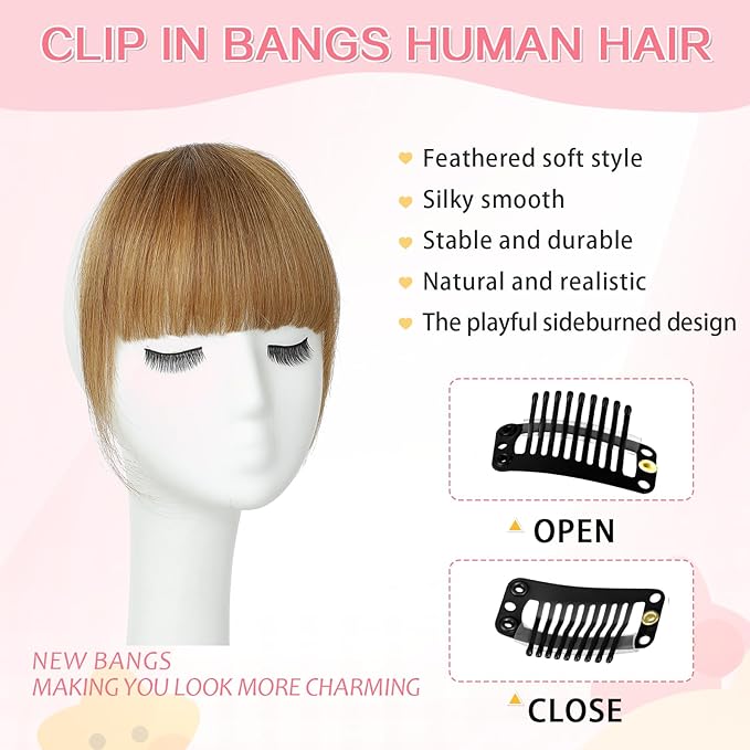 Clip in Bangs 100% Real Human Hair, French Bangs Hair Clip, Fake Bang Fringe with Temples Hairpieces for Women Daily Wear (Light Brown, French Bangs)