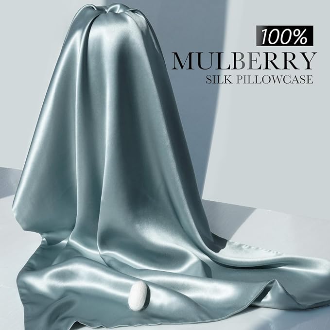 100% Mulberry Silk Pillowcase for Hair and Skin, 22 Momme Pure Natural Silk Pillow Case Both Sided with Zipper, Pillow Cover for Women Mom Men (Airy Blue, Queen 20''×30'', 1 Pack)