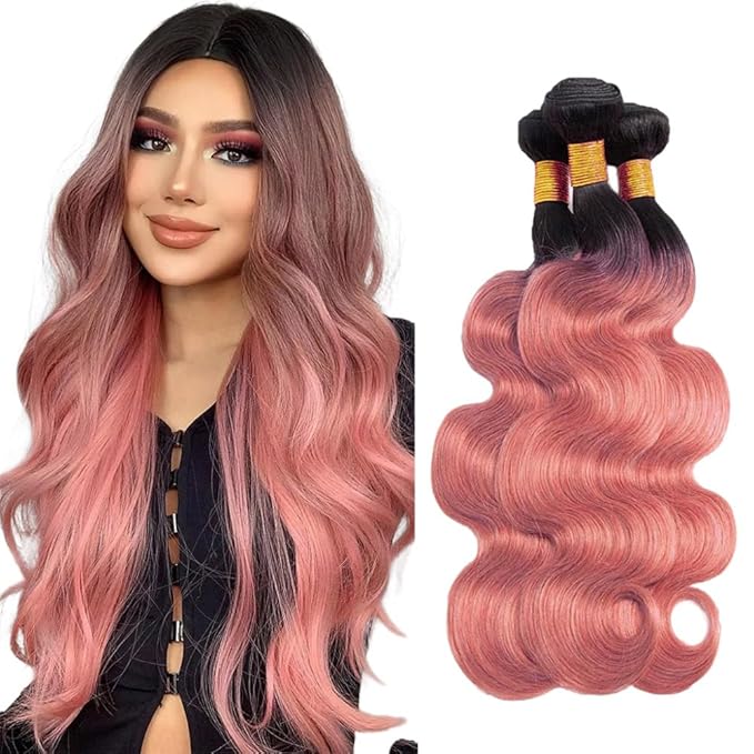Ombre Bundles Human Hair 1Bpink Body Wave Bundle Brazilian Virgin Remy Hair 3 Bundles 24 26 28 Inch Double Weft 2 Tone Black and Pink Body Wave Bundle Hair Weave 300g