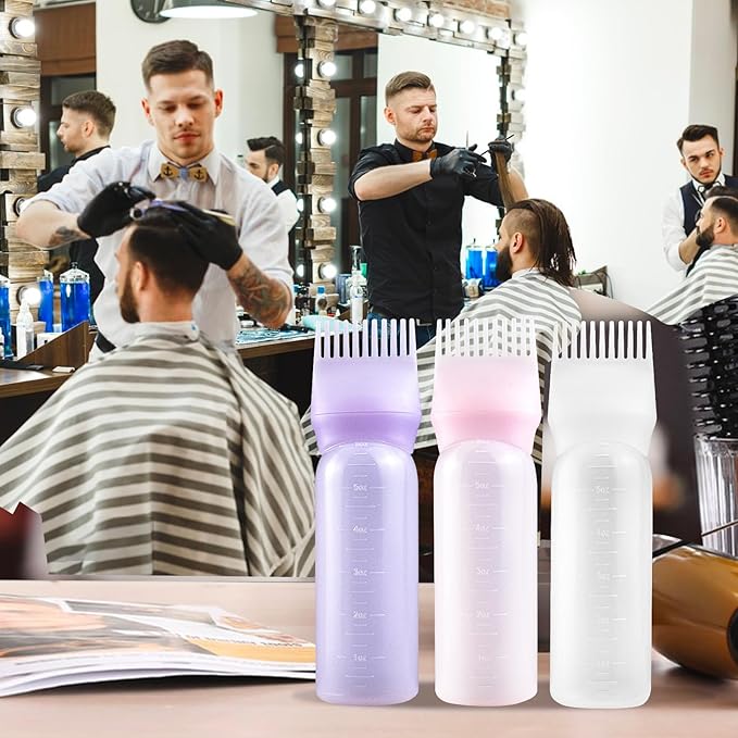 Root Comb Applicator Bottle, 6 Ounce, Hair Oil Applicator, Oil Applicator for Hair Dye, Oil Bottles for Hair, Hair Oiling Applicator with Graduated Scale (2 Pack+20 PCS Disposable Shower Caps, Purple)