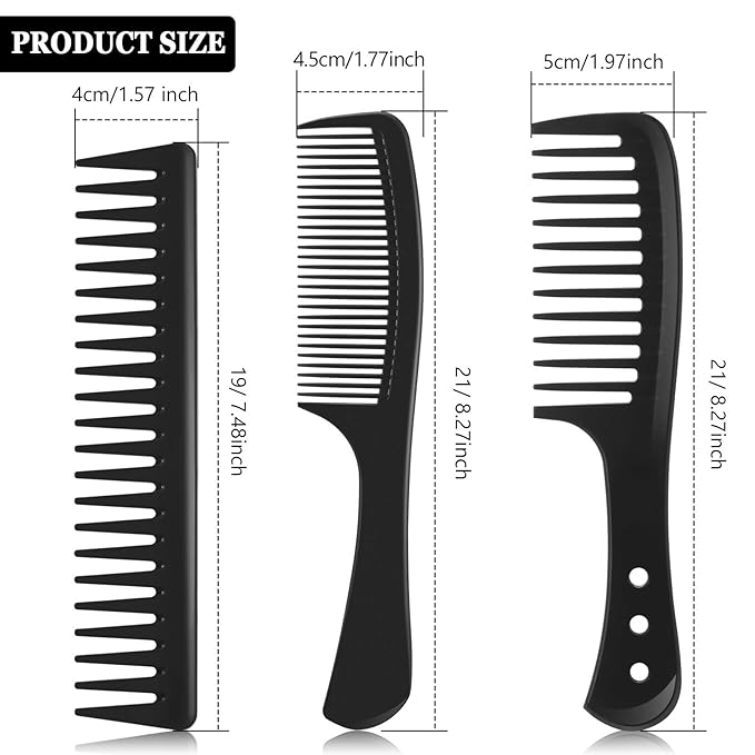Patelai 3 Pieces Wide Tooth Detangling Hair Comb Styling Set, Carbon Fiber Styling Cutting Comb Anti Static Heat Resistant for Women Curly Straight Long Hair, Black
