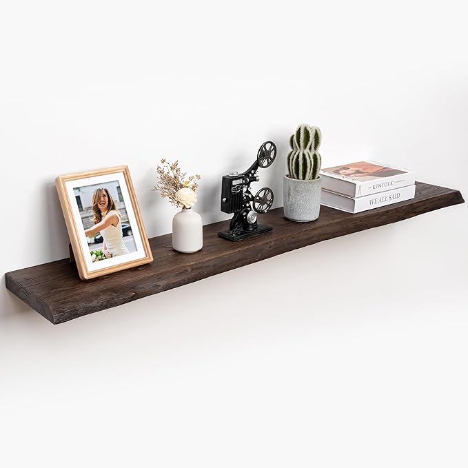 RICHFOCUS Live Edge Elm Floating Shelves - 55" W x 9.3" D Rustic Solid Wood Wall Shelves with Invisible Bracket, Wall-Mounted for Living Room, Bedroom, Kitchen Storage & Display, Set of 1, Walnut