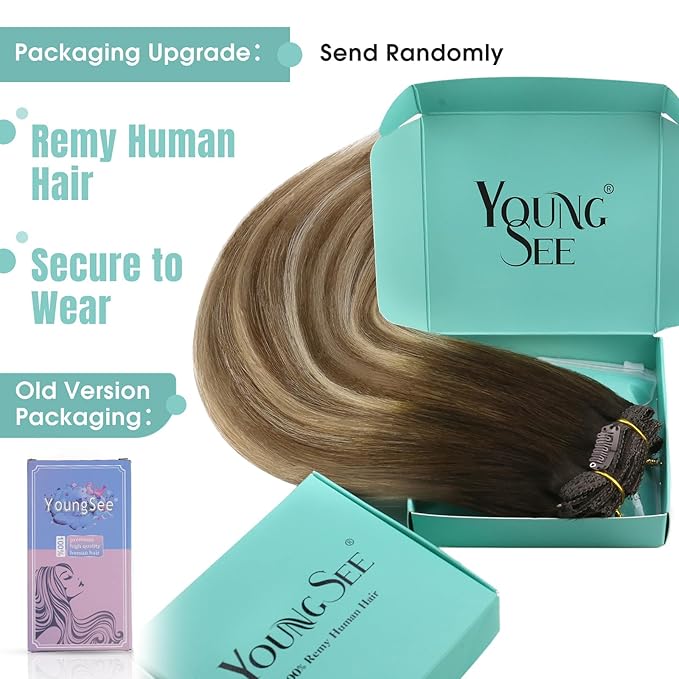 YoungSee Balayage Clip in Hair Extensions Brown Ombre Clip in Extensions Remy Hair Clip on Hair Extension for Women Chocolate Brown Roots to Medium Brown with Blonde 12inch 85g
