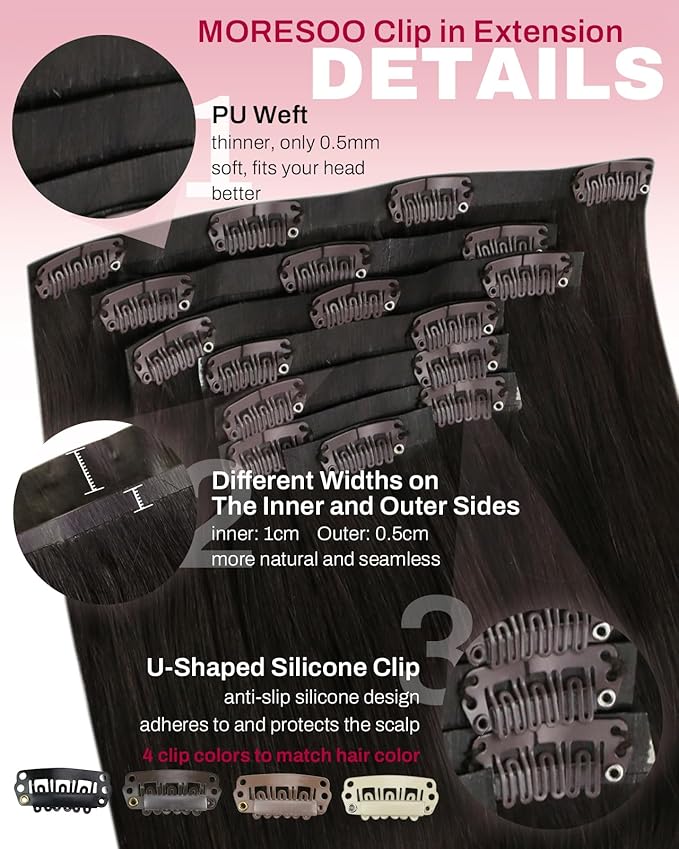 Moresoo Brown Seamless Clip in Hair Extensions Human Hair Straight Dark Brown Hair Extensions Clip ins Remy Pu Weft 120g/7pcs 22 inch
