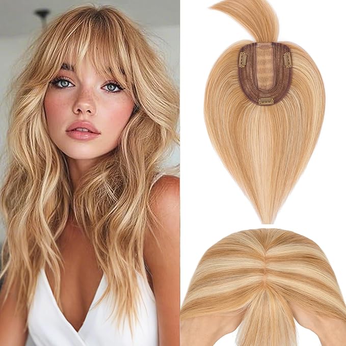 Rich Choices Real Human Hair Toppers for Women With Bang 100% Remy Human Hair Topper for Thinning Hair Clip in Silk Base Hair Topper 16 Inch #12P613 Golden Brown Mix Bleach Blonde