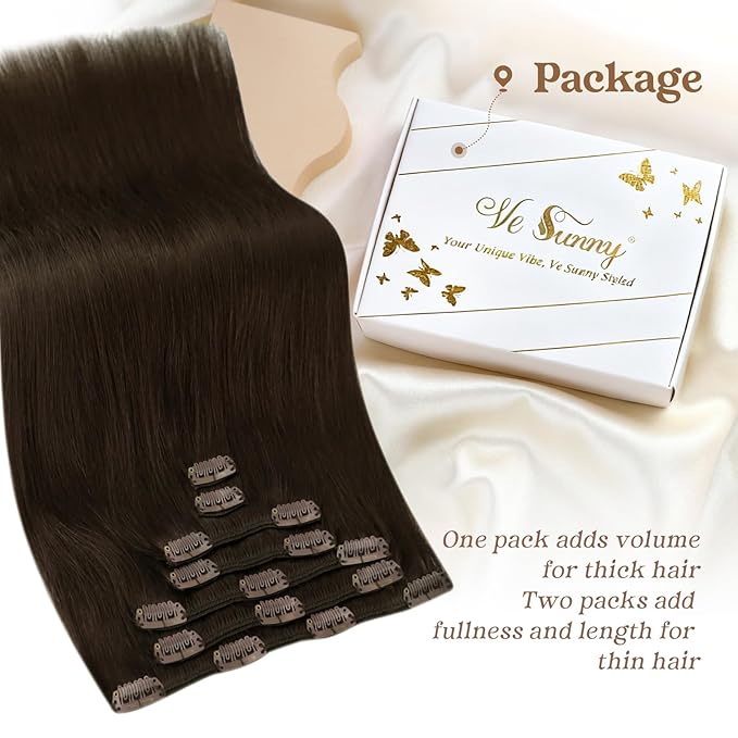 Ve Sunny Clip in Human Hair Extensions Dark Brown Clip in Hair Extensions 24 inch Hair Extensions Clip ins Real Hair Clip in Extensions Long Straight Hair 7pcs 120g