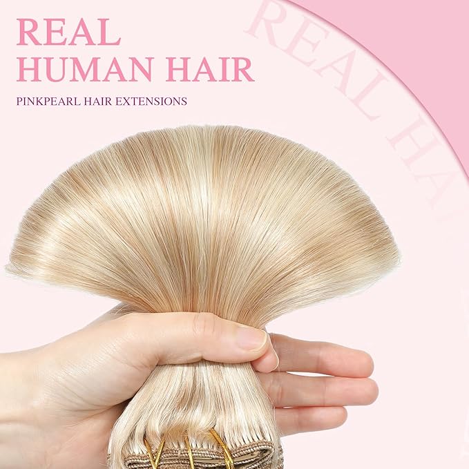 PINKPEARL Clip in Hair Extensions #27P60 Caramel Blonde Highlighted Platinum Blonde 120g 7pcs 18 Inch Clip in Hair Extensions Real Human Hair Hair Extension Clip Ins(#27P60-18)