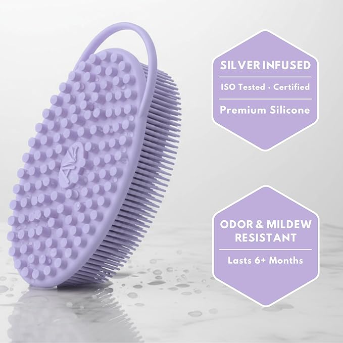 Silver Infused Silicone Body Scrubber Shower - Gentle Back Scrubber Soft Bristles - Avilana Premium Dual Sided Bath Brush Massage - Advanced Material Loofah Alternative - Gift Women Men