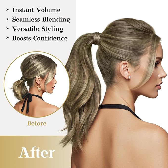 Ve Sunny Ponytail Extension Human Hair for Women Clip in Ponytail Hair Extension Straight Hair Pieces Wrap Around Around Darker Brown Fading To Ash Brown Mix Light Blonde Balayage 22inch 80G