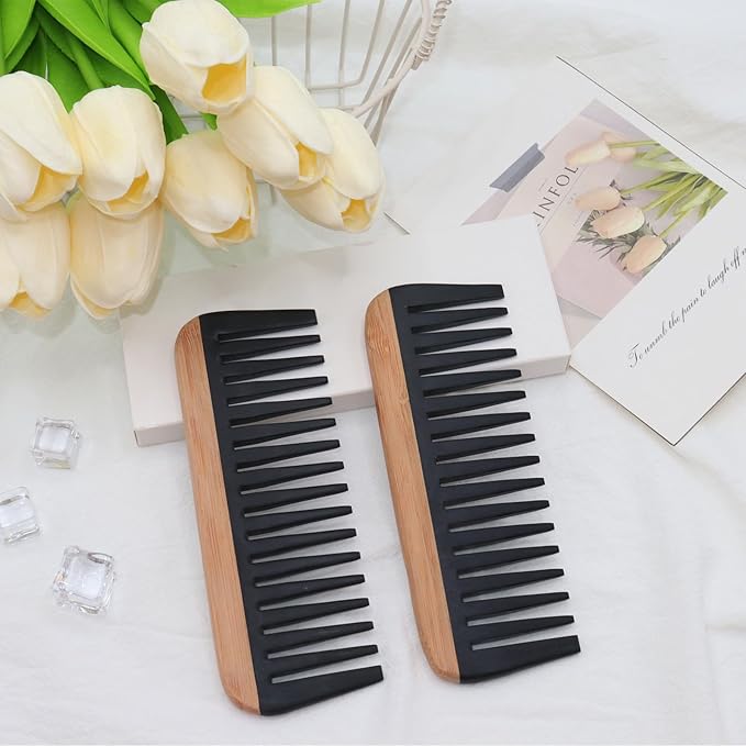 2 Pcs Bamboo Wide Tooth Comb - Anti-Static Wooden Wide Tooth Comb for Women, Detangling Hair Comb for Curly/Wet/Thick Hair with Bakelite Teeth