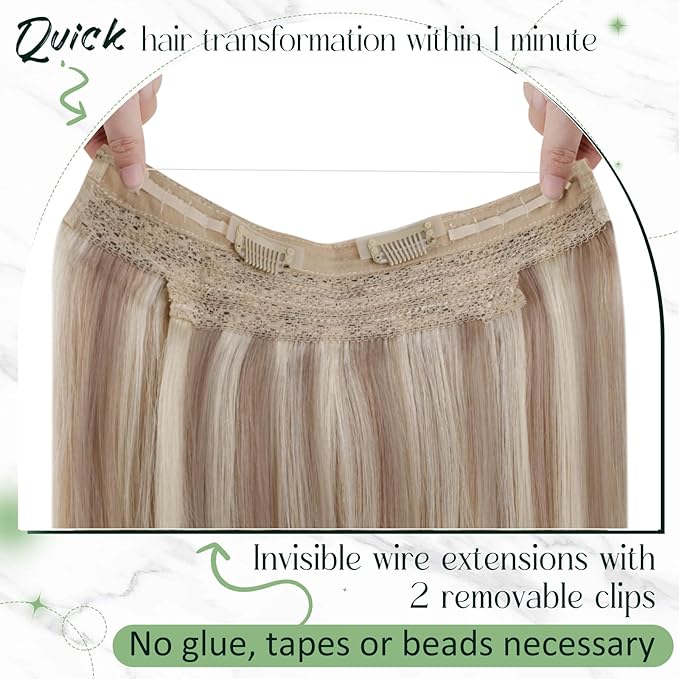 RUNATURE Wire Hair Extensions Real Human Hair, Balayage Invisible Fish Line Extensions, Straight Remy Natural Hair, Add Volume 14 Inch 70g #18/22/60 Ash Blonde to Light Blonde Mix Bleach Blonde