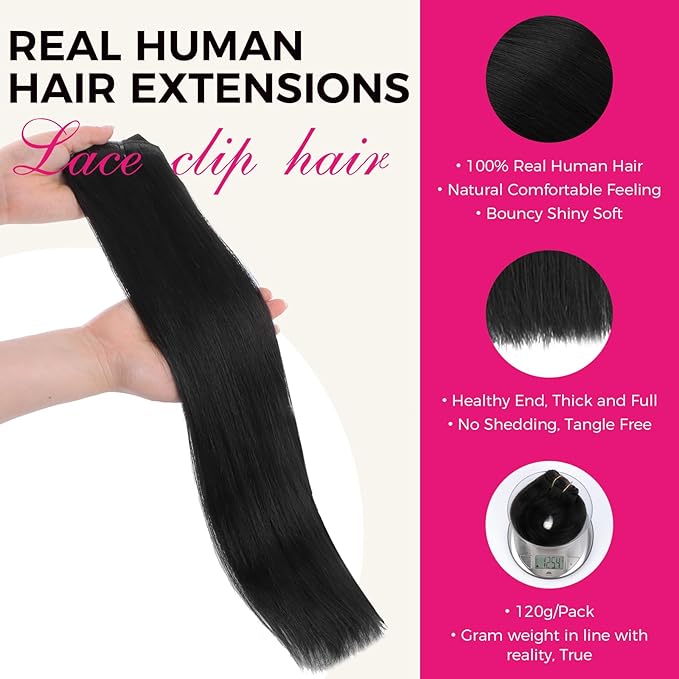 Lashey Hair Extensions Real Human Hair, 7pcs 120g #1 Jet Black 22 Inch, Long Straight Clip in Hair Extensions Real Human Hair Extensions Remy Human Hair for Black Women