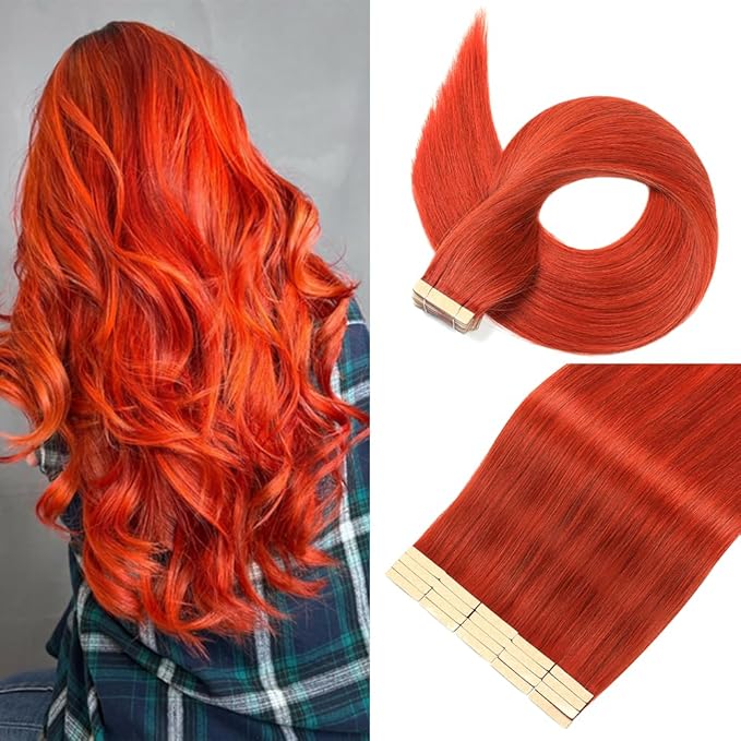 Tape in Hair Extensions Human Hair Copper Red Hair Extensions 18 Inch 20pcs Remy Straight Human Hair Tape in Extensions Skin Weft Tape Extensions Human Hair
