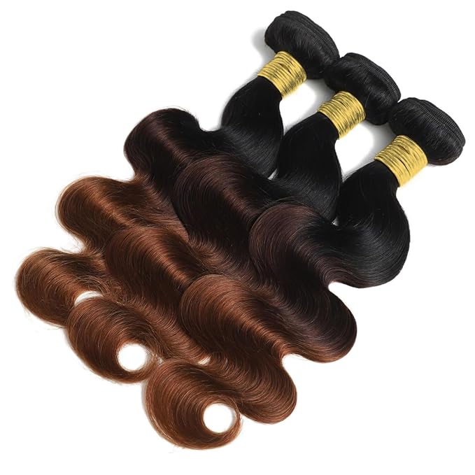 T1B/2/30 Chestnut Brown Ombre Human Hair Bundles Body Wave 100% Real Virgin Human Hair Bundles Dark Roots Bundle 3 Tone Ombre Medium Auburn Colored Sew in Quick Weaves 16 18 20 Inch