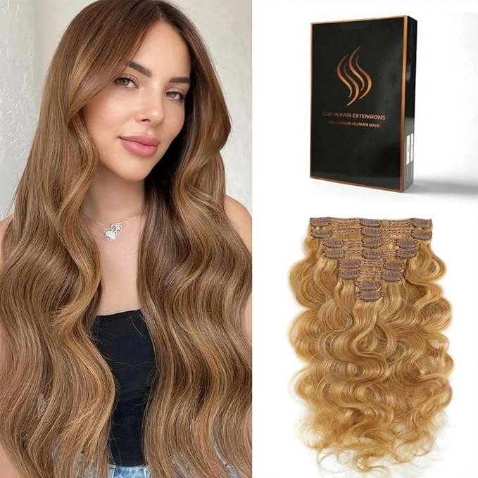 Clip in Hair Extensions Real Human Hair Body Wave 27 Honey Blonde Clip in 100% Brazilian Remy Human Hair Extensions 8pcs Per Set with 18 Clips Double Weft 20 Inch 105g/3.6oz