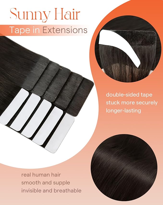 Sunny Hair Tape in Hair Extensions Real Human Hair Invisible Remy Hair Extensions Tape ins for Women Darkest Brown 22 inch 25G