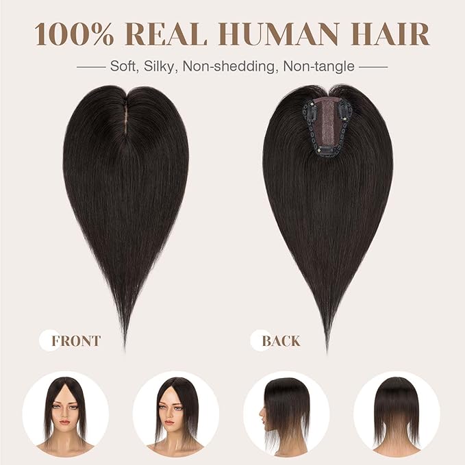 S-noilite Hair Toppers for Women Real Human Hair 3D 360° Cover Clip in 100% Real Human Hair Toppers 3″*4″ Clip in Silk Base 12 inch Natural Black